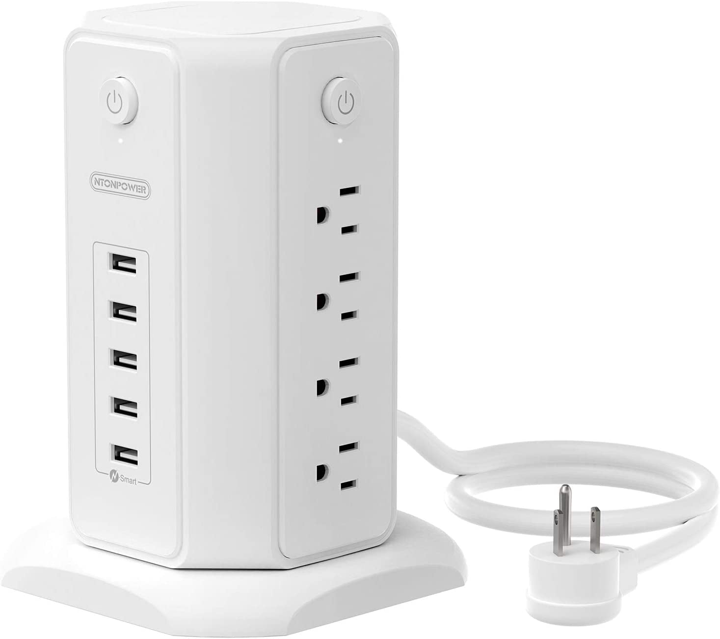 Power Strip Tower Surge Protector,  8 Outlet 5 USB Desktop Charging Station 1625W 13A, 6Ft Extension Cord Flat Plug, Individual Switches, 1080 Joules, Overload Protection for Home Office