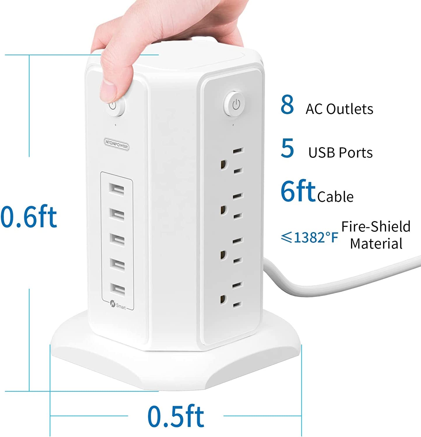 Power Strip Tower Surge Protector,  8 Outlet 5 USB Desktop Charging Station 1625W 13A, 6Ft Extension Cord Flat Plug, Individual Switches, 1080 Joules, Overload Protection for Home Office