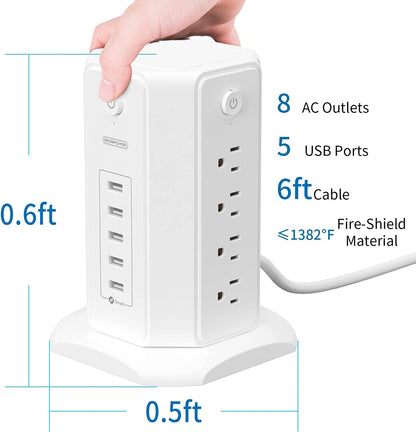 Power Strip Tower Surge Protector,  8 Outlet 5 USB Desktop Charging Station 1625W 13A, 6Ft Extension Cord Flat Plug, Individual Switches, 1080 Joules, Overload Protection for Home Office